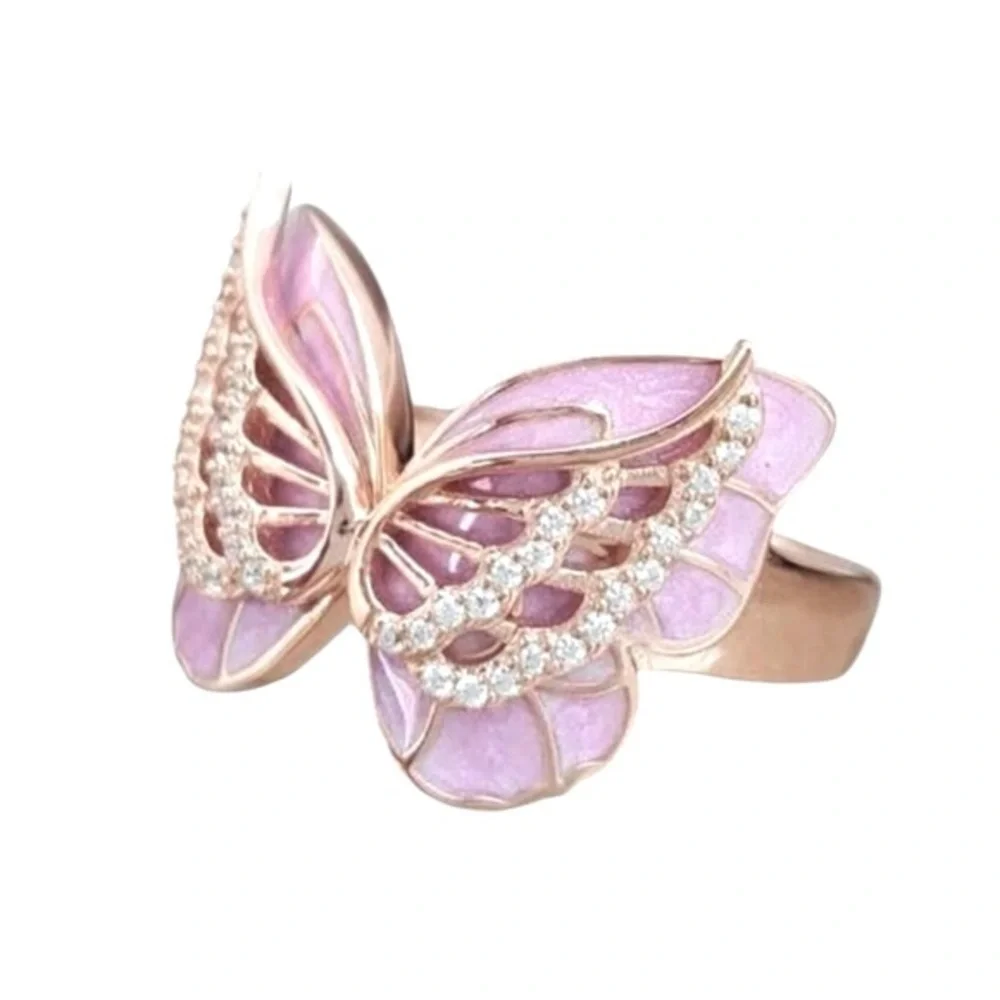 Y2K Pink Butterfly Rose Goldtone Rhinestone Fairy Coquette Ring